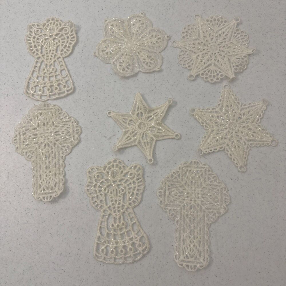 Vtg Crochet Lace Starched Angel Cross Christmas Tree Ornament Lot Farmhouse